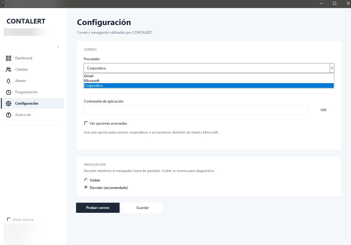 CONTALERT: Configuración de avisos con datos privados difuminados